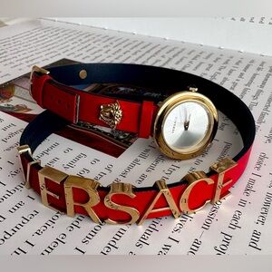 Versace leather wrap watch in red with Medusa head and letters embellishment